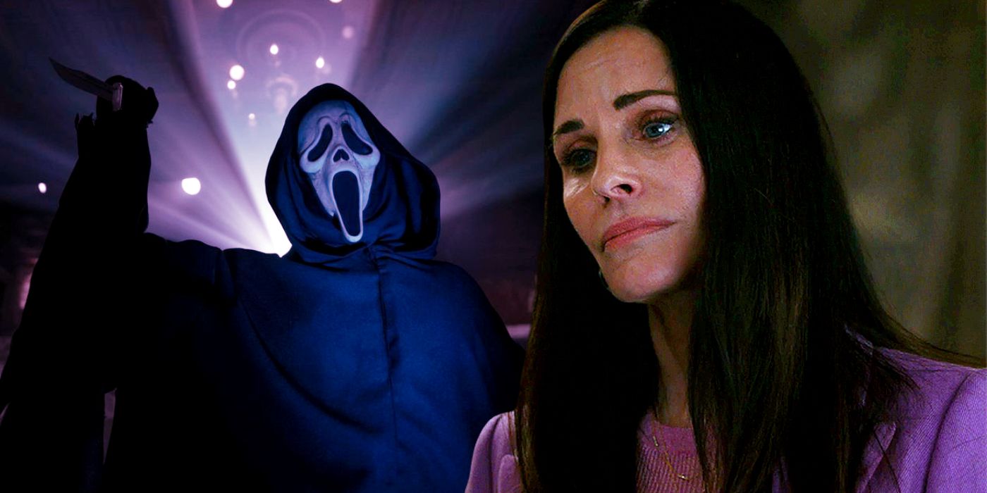 Ghostface with the knife up and Gale looking sad in Scream 6