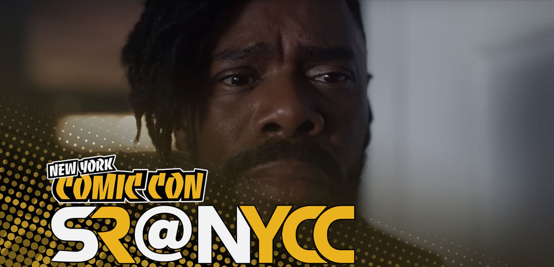 Victor Strand looking worried in Fear the Walking Dead season 8 with SR at NYCC overlay