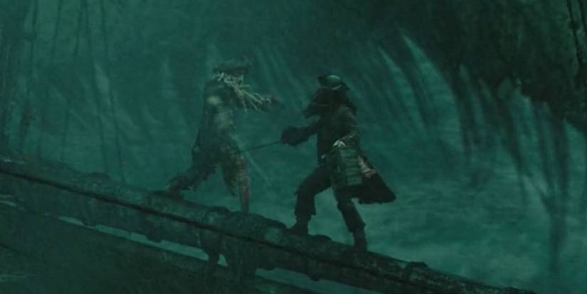 Jack Sparrow fights Davy Jones in Pirates of the Caribbean: At World's End