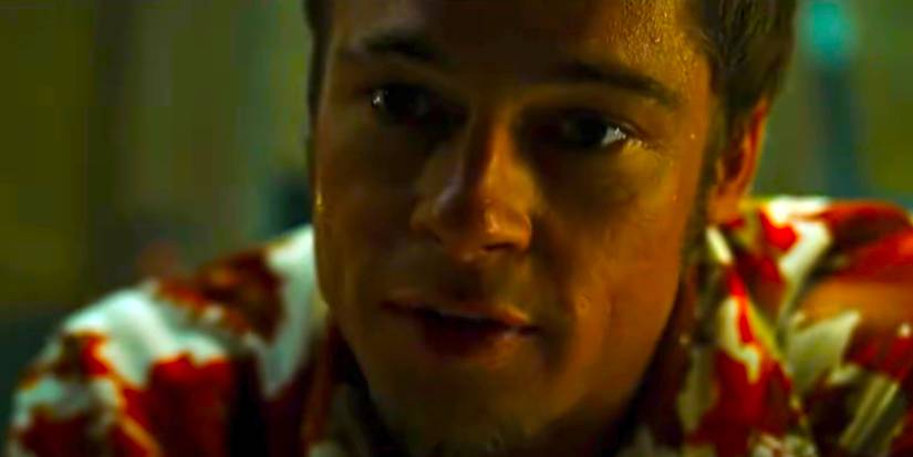 A closeup of Brad Pitt as Tyler Durden making his pitch in Fight Club