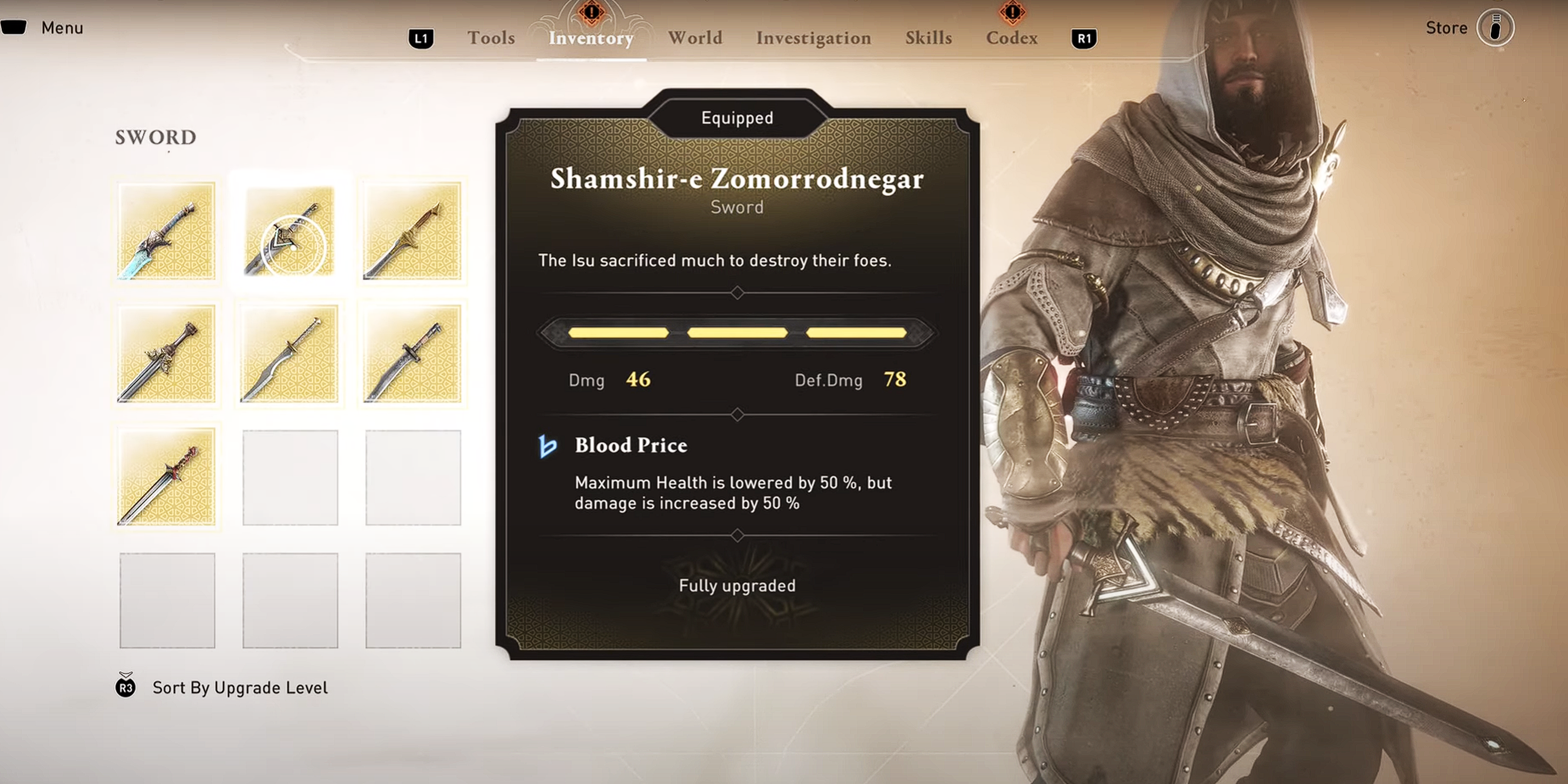 The fully upgraded Shamshir-e Zomorrodnegar Sword in the Sword Menu with Basim holding it in Assassin&rsquo;s Creed Mirage