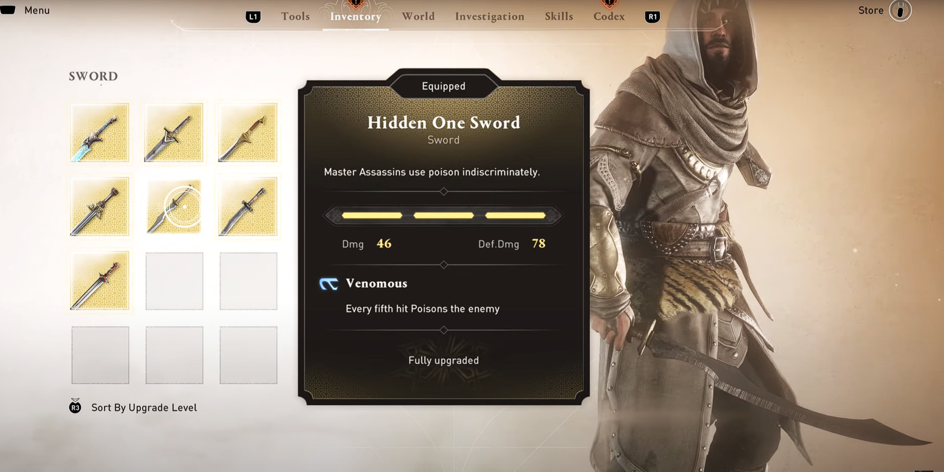 Basim holding the Hidden One Sword in the Sword Menu in Assassin&rsquo;s Creed Mirage