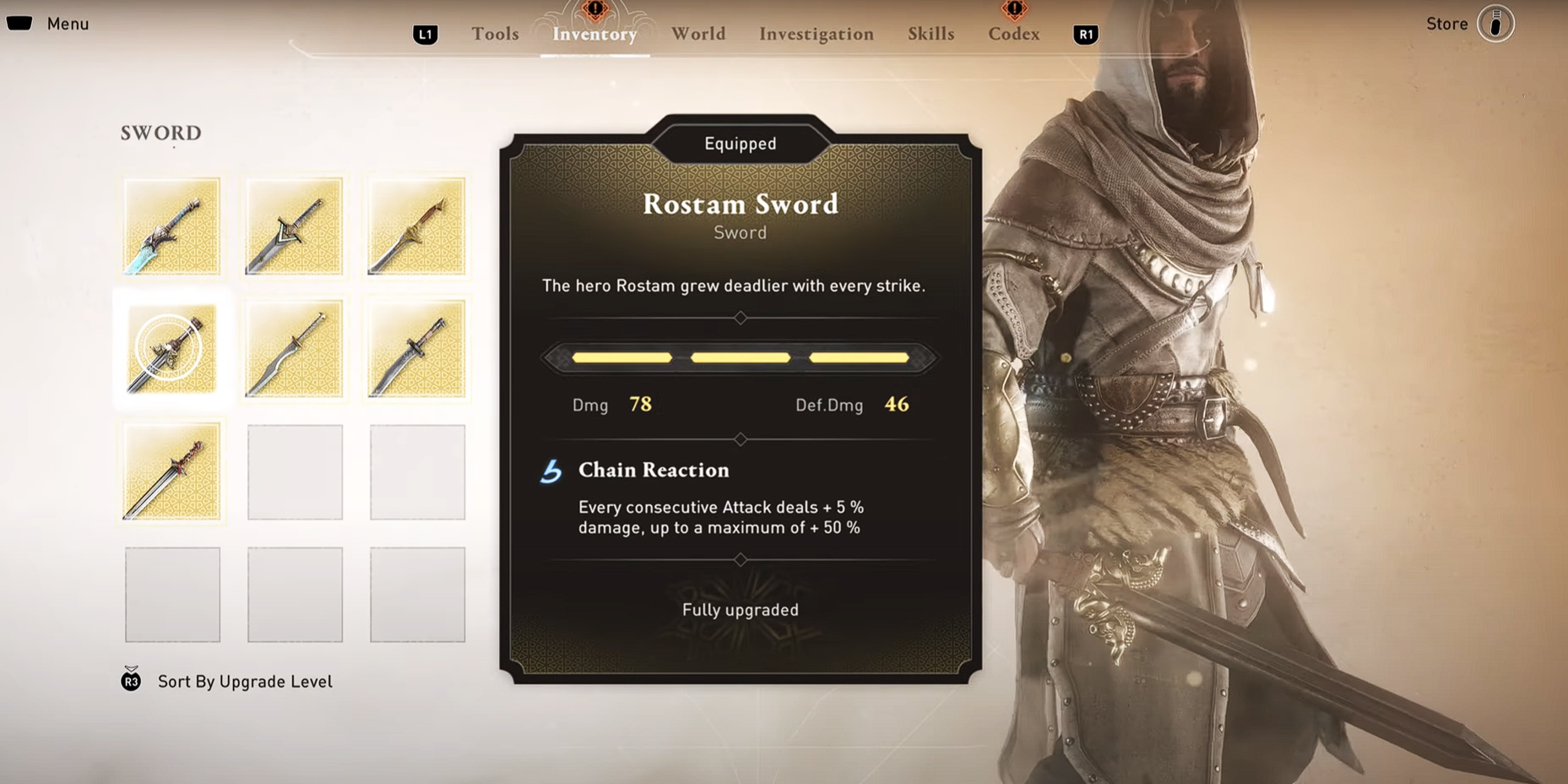 The fully upgraded Rostam Sword in the Sword Menu with Basim holding it in Assassin&rsquo;s Creed Mirage