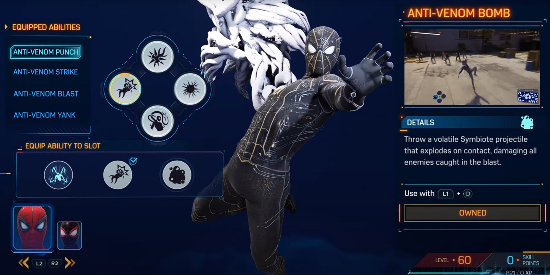 The Anti-Venom Bomb ability display in the ability menu in Marvel’s Spider-Man 2