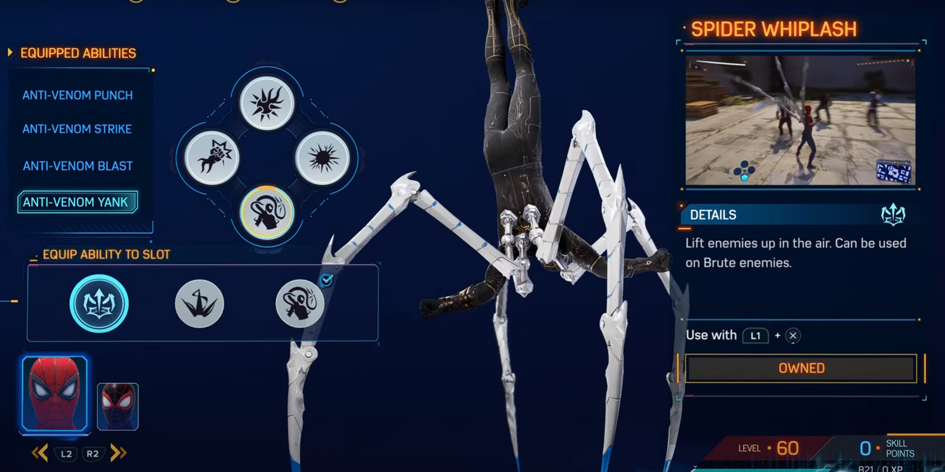 Peter showing off the Spider Whiplash ability in the menu in Marvel’s Spider Man 2