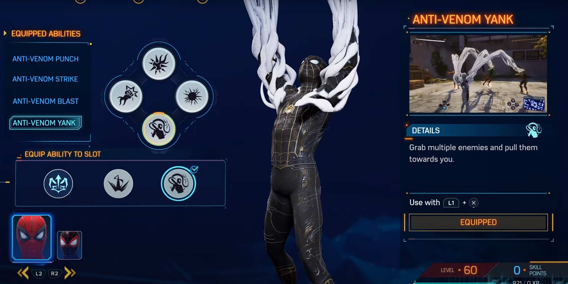 Peter using the Anti-Venom Yank ability in the menu in Marvel’s Spider Man 2