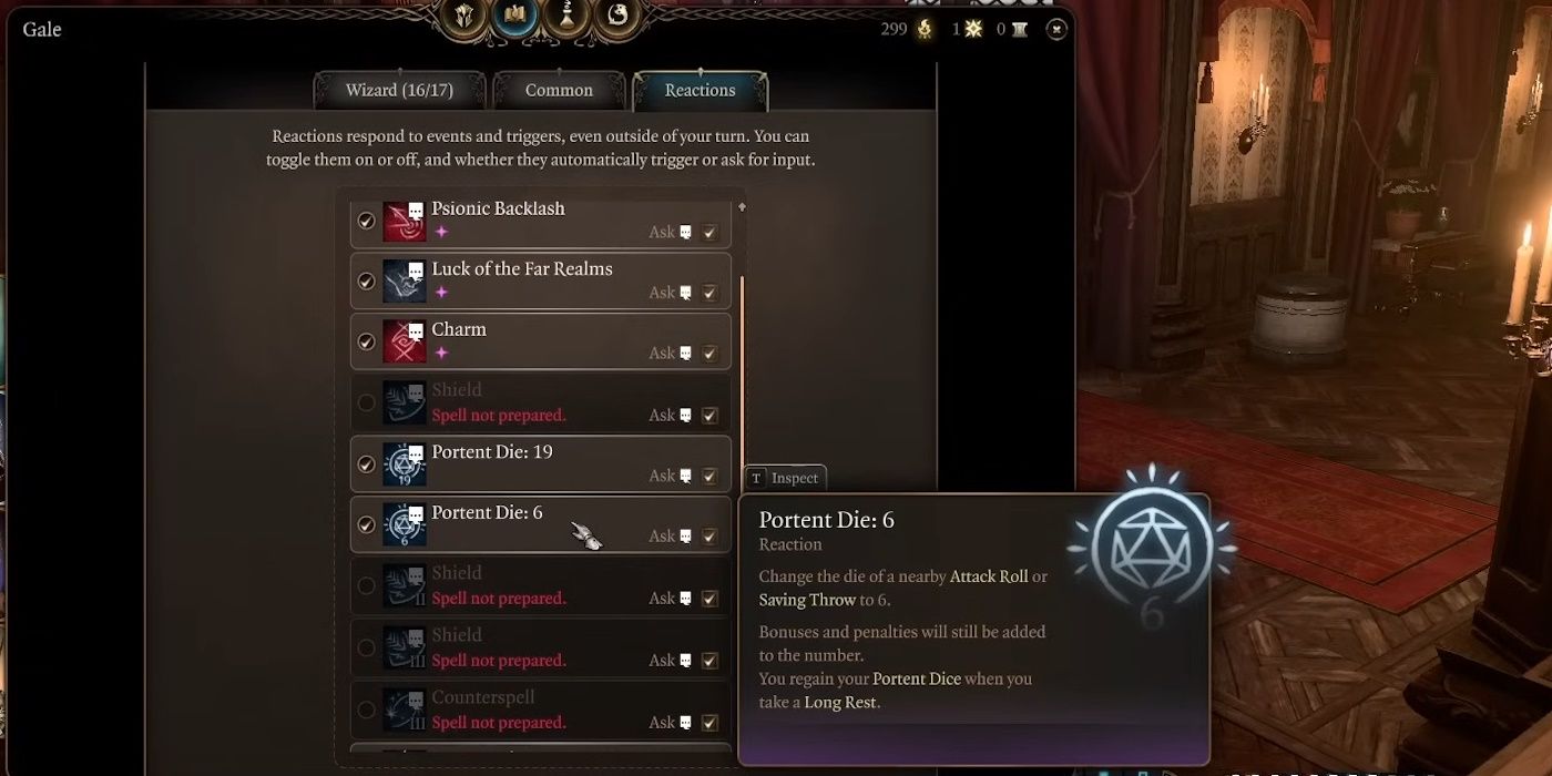 Screenshot showing portent dice for the wizard Gale in Baldur&rsquo;s Gate 3