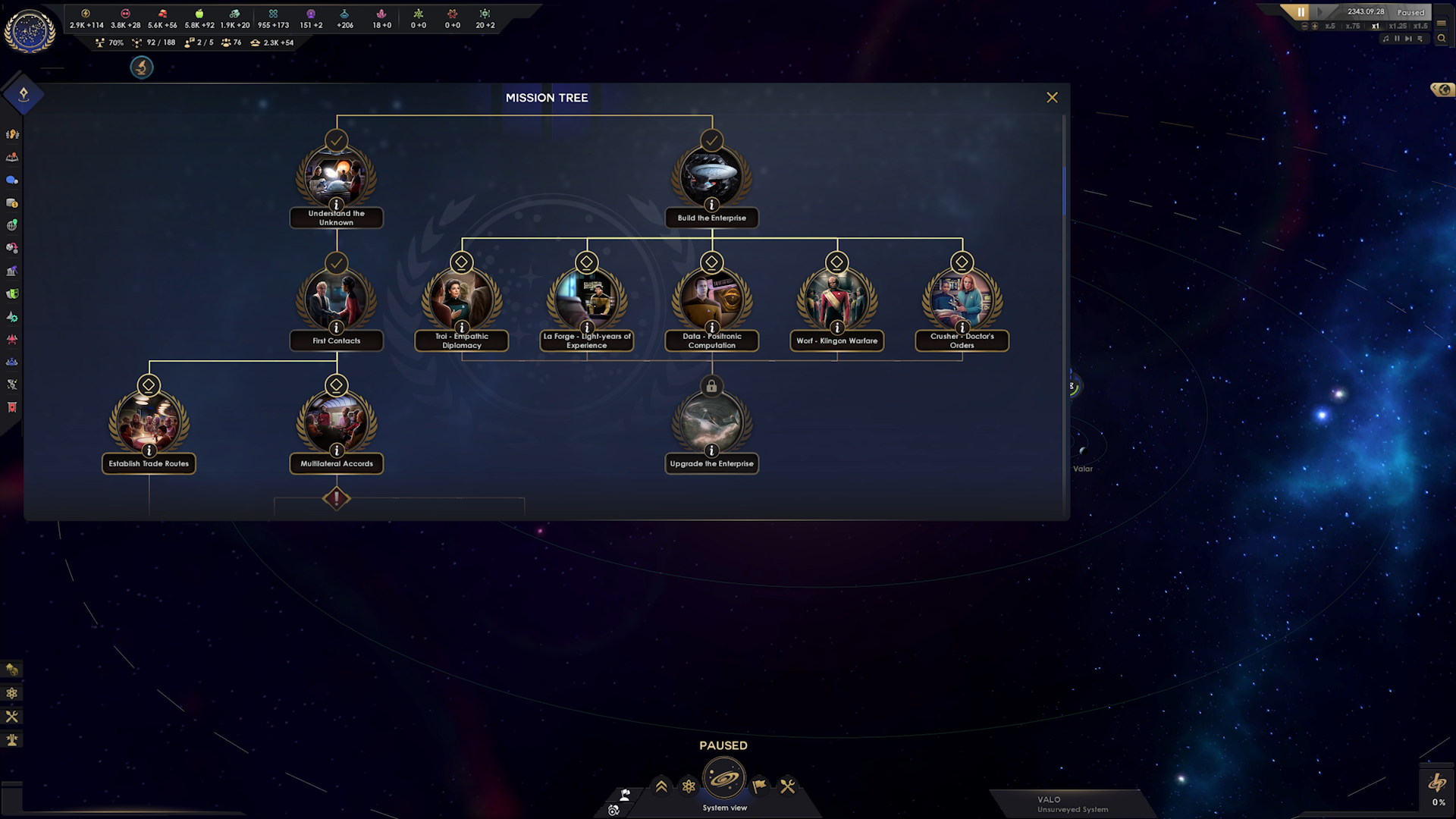 A screenshot of the Federation Mission Tree in Star Trek: Infinite. Several goals, like 