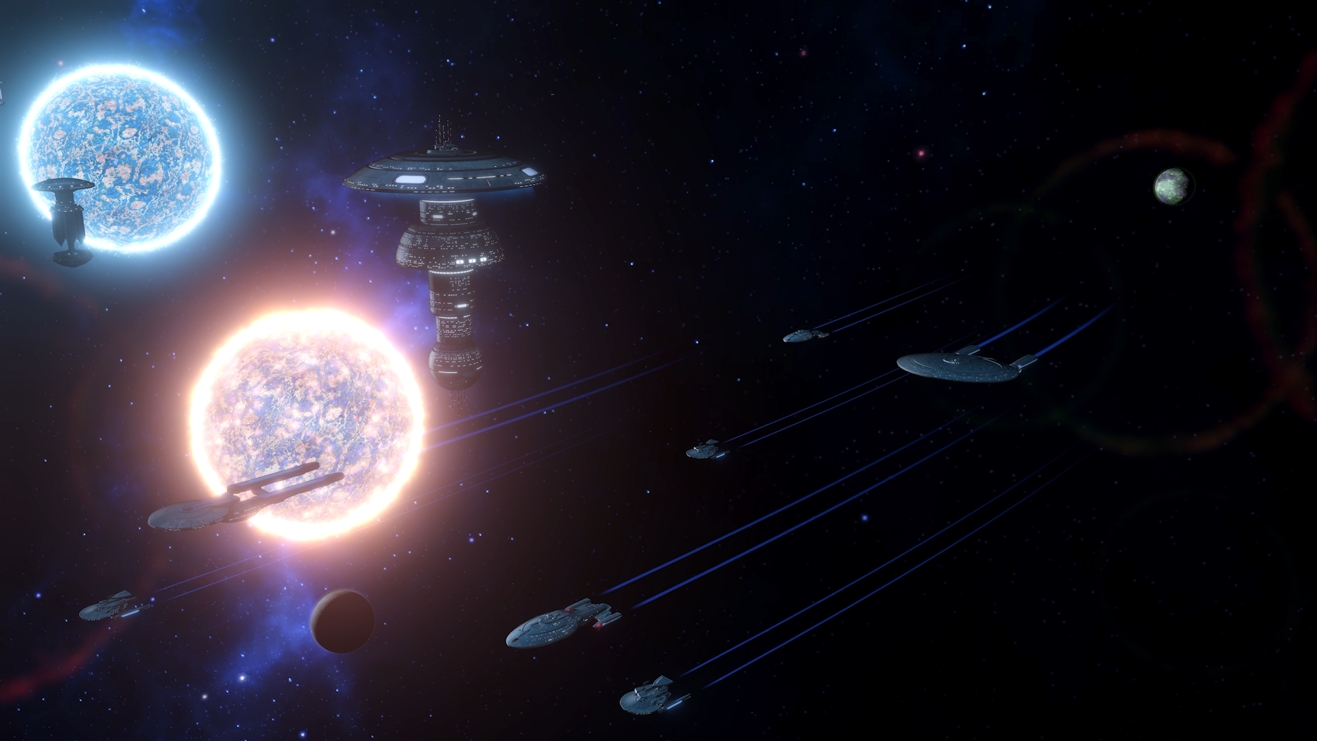 Several Federation ships pass through a binary star system, with multiple Federation starbases and resource extraction modules visible in the background.