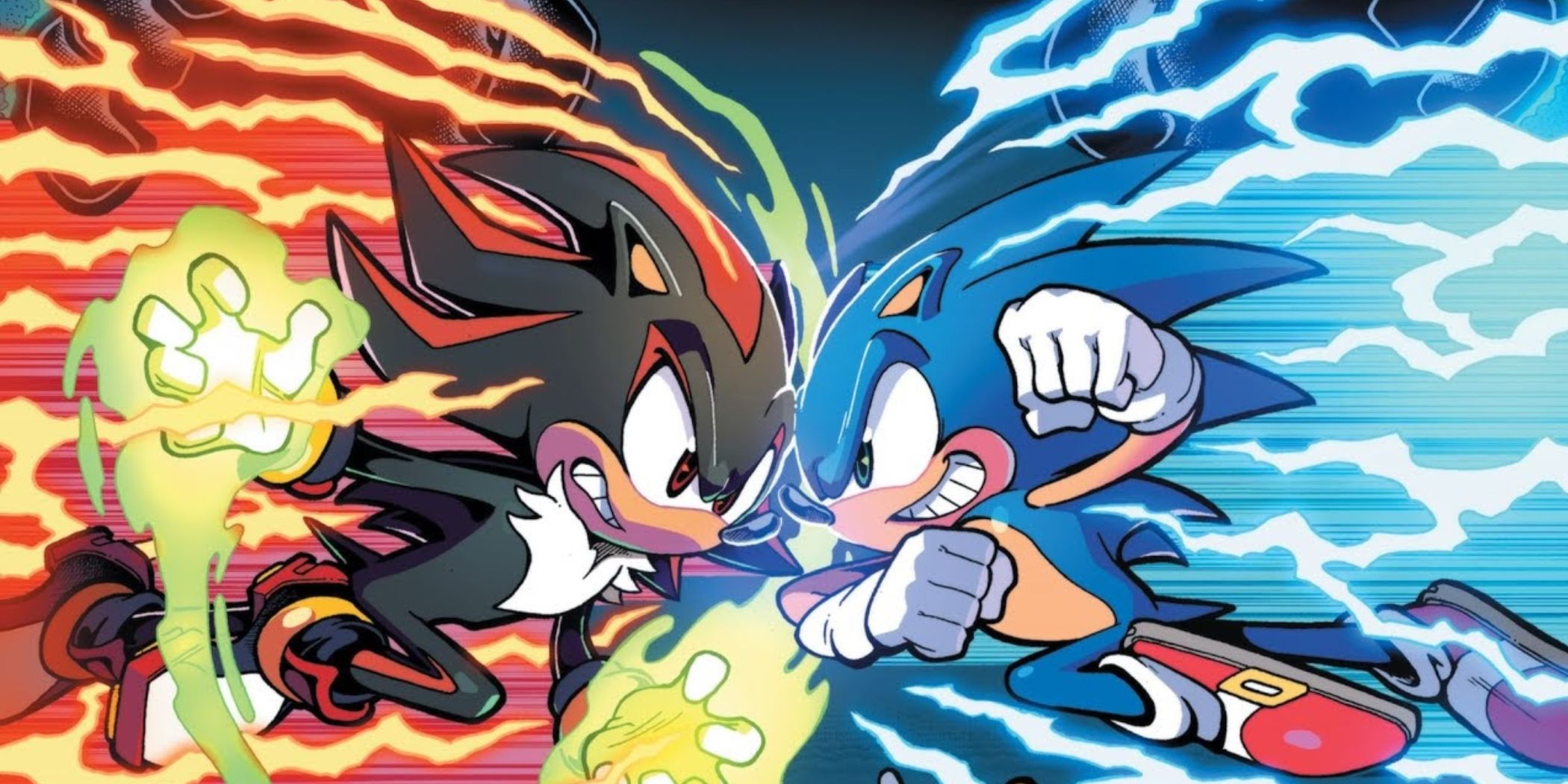 Shadow (izquierda) se enfrenta cara a cara contra Sonic (derecha).