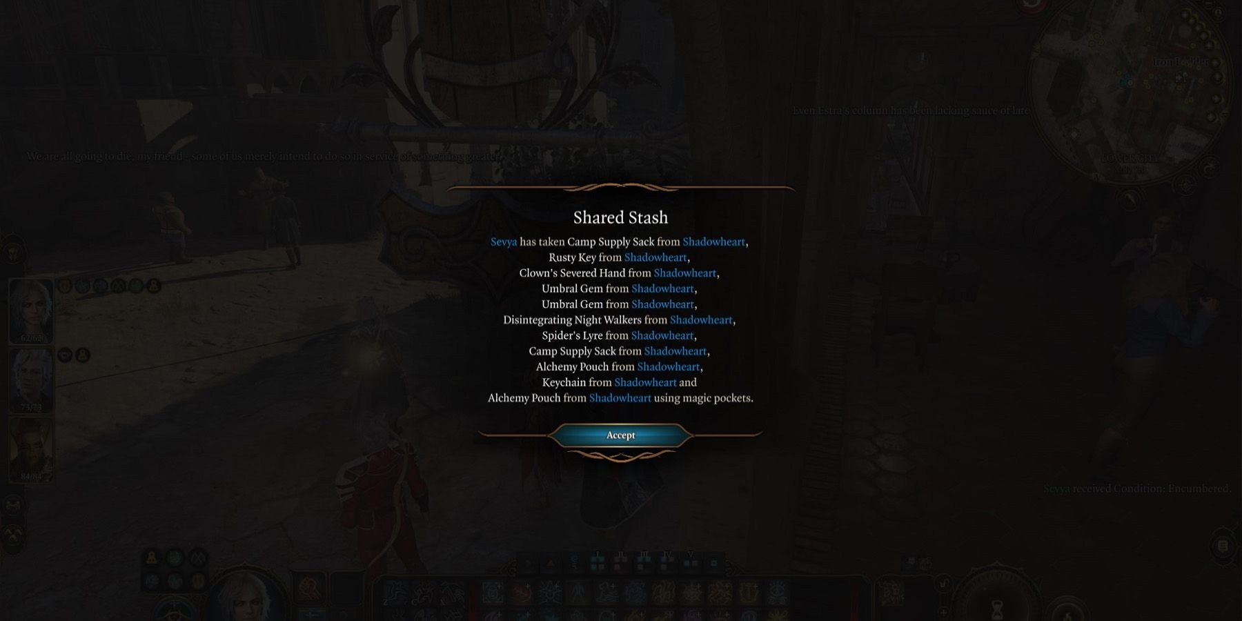 A main character receiving items from Shadowheart in Baldur&rsquo;s Gate 3.