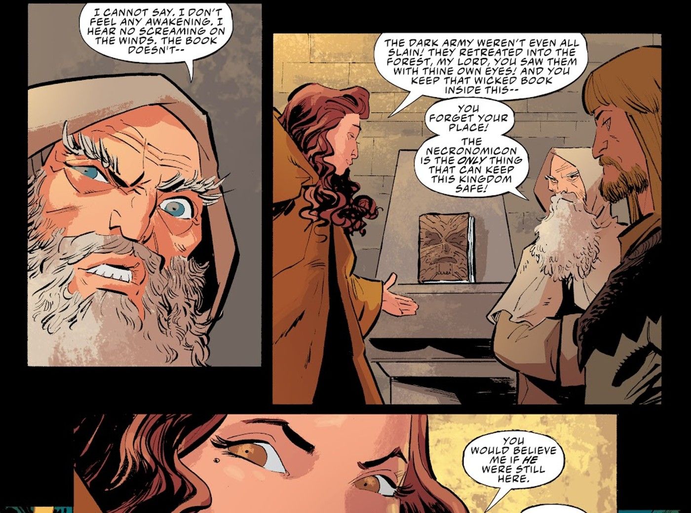 Panels from Army of Darkness Forever #1, Sheila is the voice of reason at Castle Kandar