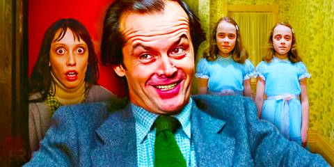 Collage of a scared Wendy, Jack laughing, and the Grady Girls from The Shining