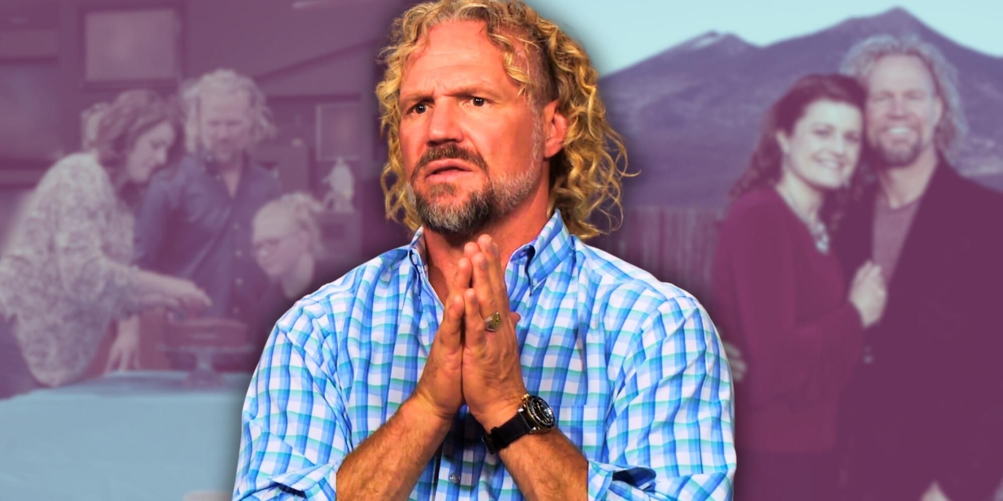 Montage of Sister Wives' Kody Brown with Robyn blue shirt purple background with mountain