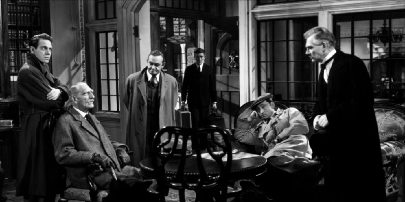 Six members of the ten guests gather in a hotel lobby in And Then There Were None.