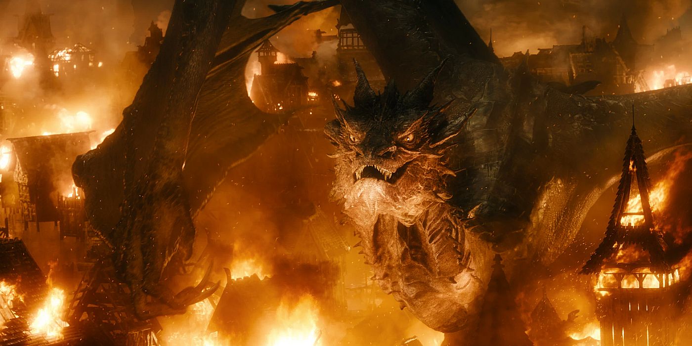 Smaug amid the fires of Laketown in The Hobbit: The Battle of the Five Armies