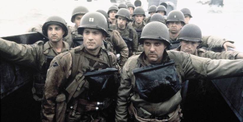 Soldiers from Saving Private Ryan - including Tom Hanks as John Miller and Tom Sizemore as Mike Horvath - in a boat landing on the beaches of Normandy.