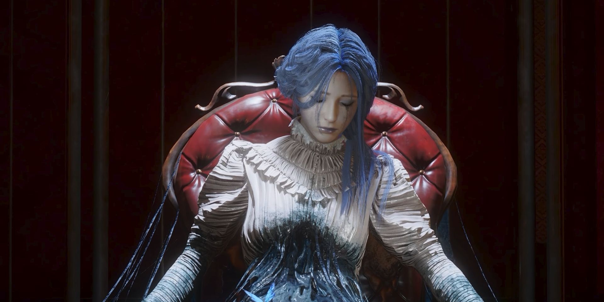 Sophia sits, injured, on a red leather armchair in a screenshot from Lies of P.