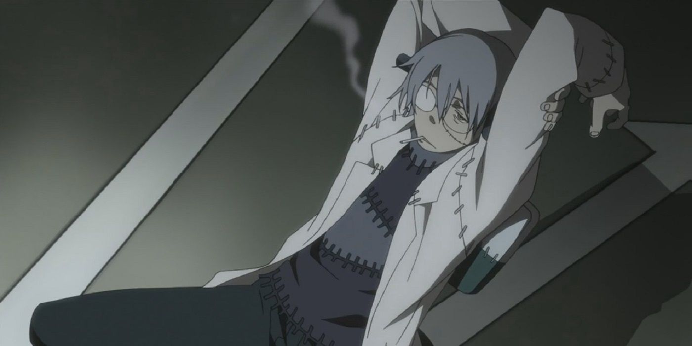 Franken Stein leans back in his office chair with a cigarette in his mouth in Soul Eater.