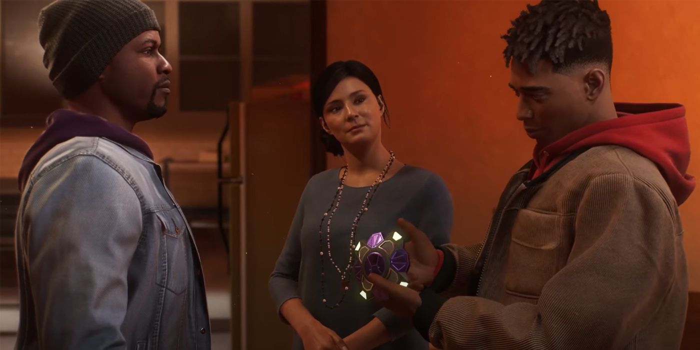 Aaron, Rio and Miles stand in Aaron&rsquo;s apartment, as Miles holds some old Prowler technology