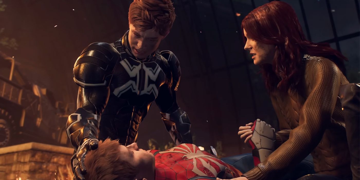Harry y MJ con Peter Parker, que ha sido apuñalado y agoniza en el suelo en Spider-Man 2