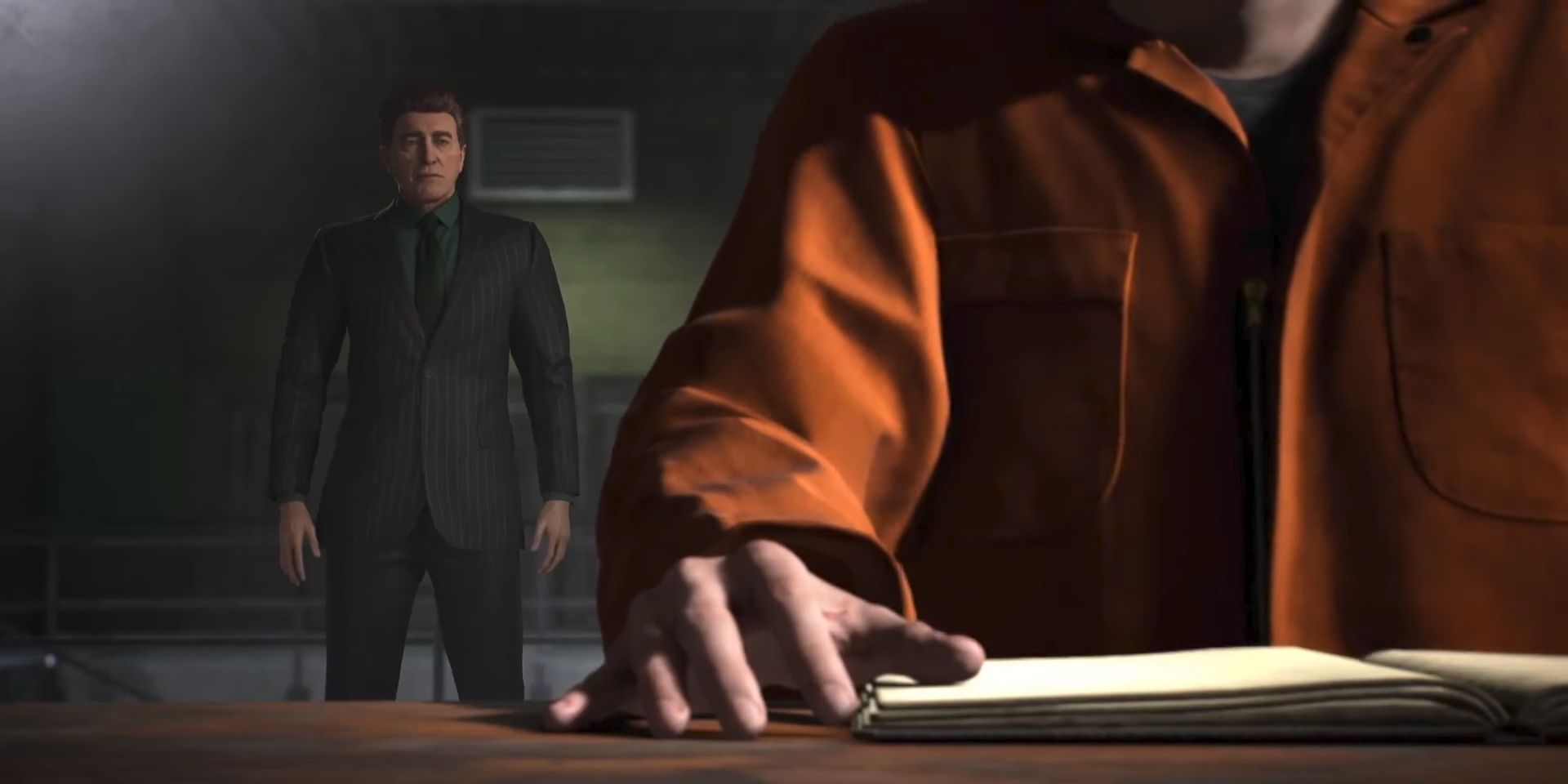 Norman Osborn looks on as Octavius writes in his notebook in a screenshot from Marvel's Spider-Man 2.