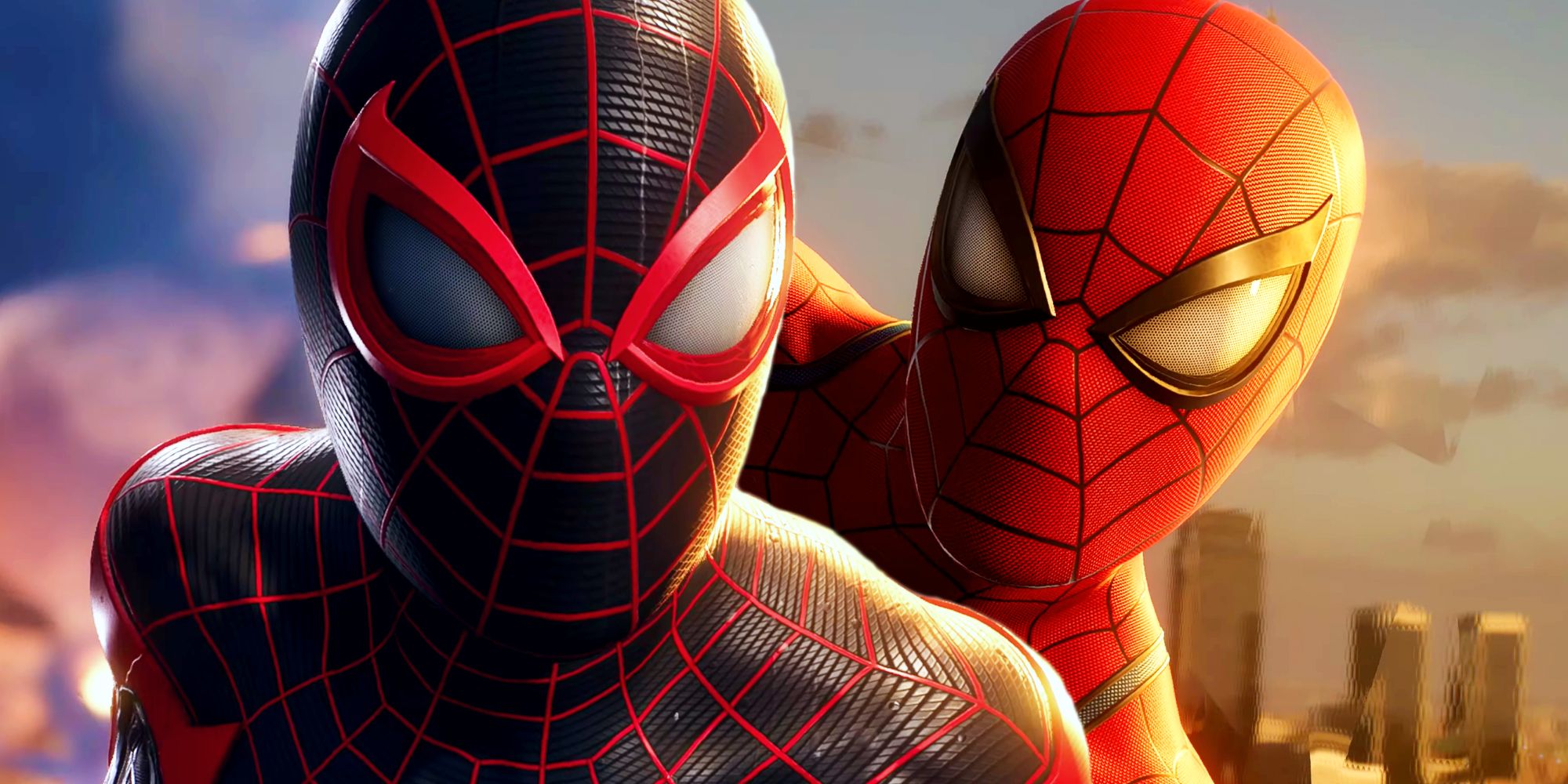 Two close-ups from Marvel's Spider-Man 2 edited together, one of Miles Morales and the other of Peter Parker, both in their Spider-Man suits. The one of Peter is behind the one of Miles so it looks like the former is looking over the latter's shoulder.