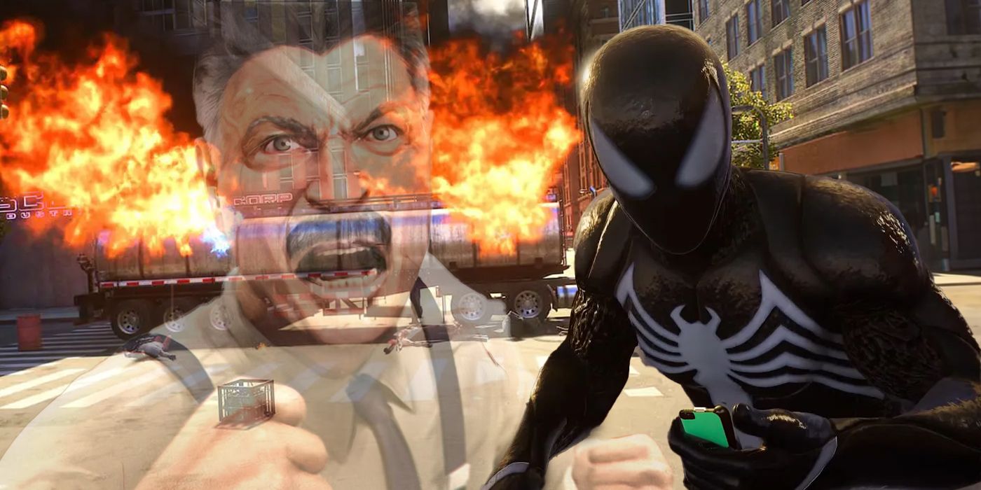 Peter Parker (in his symbiote Spider-Man suit) listens to J Jonah Jameson’s podcast instead of saving people from a tanker on fire.