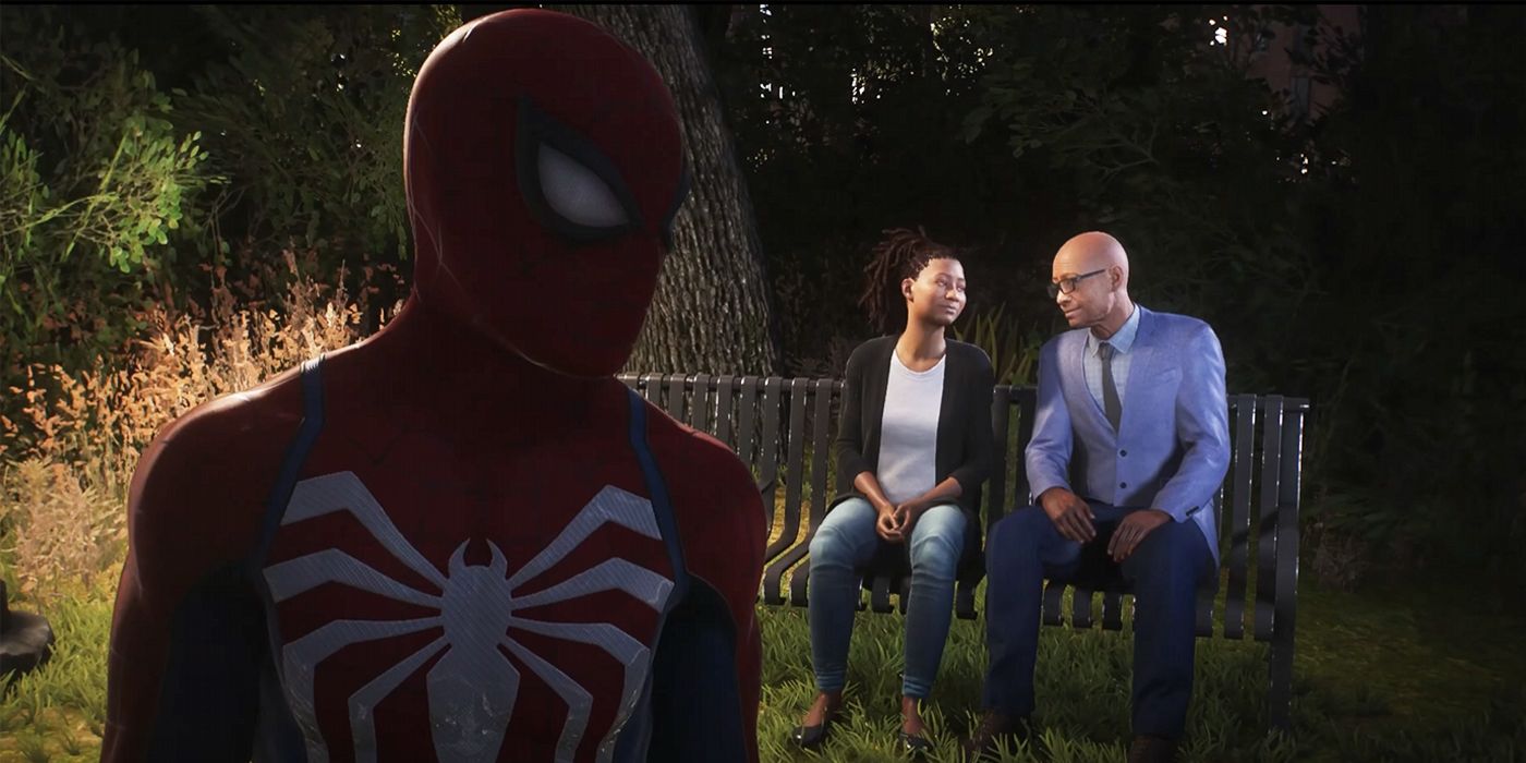 Peter Parker&rsquo;s Spider-Man in a park with Tasha and her grandfather Earl on a bench behind him