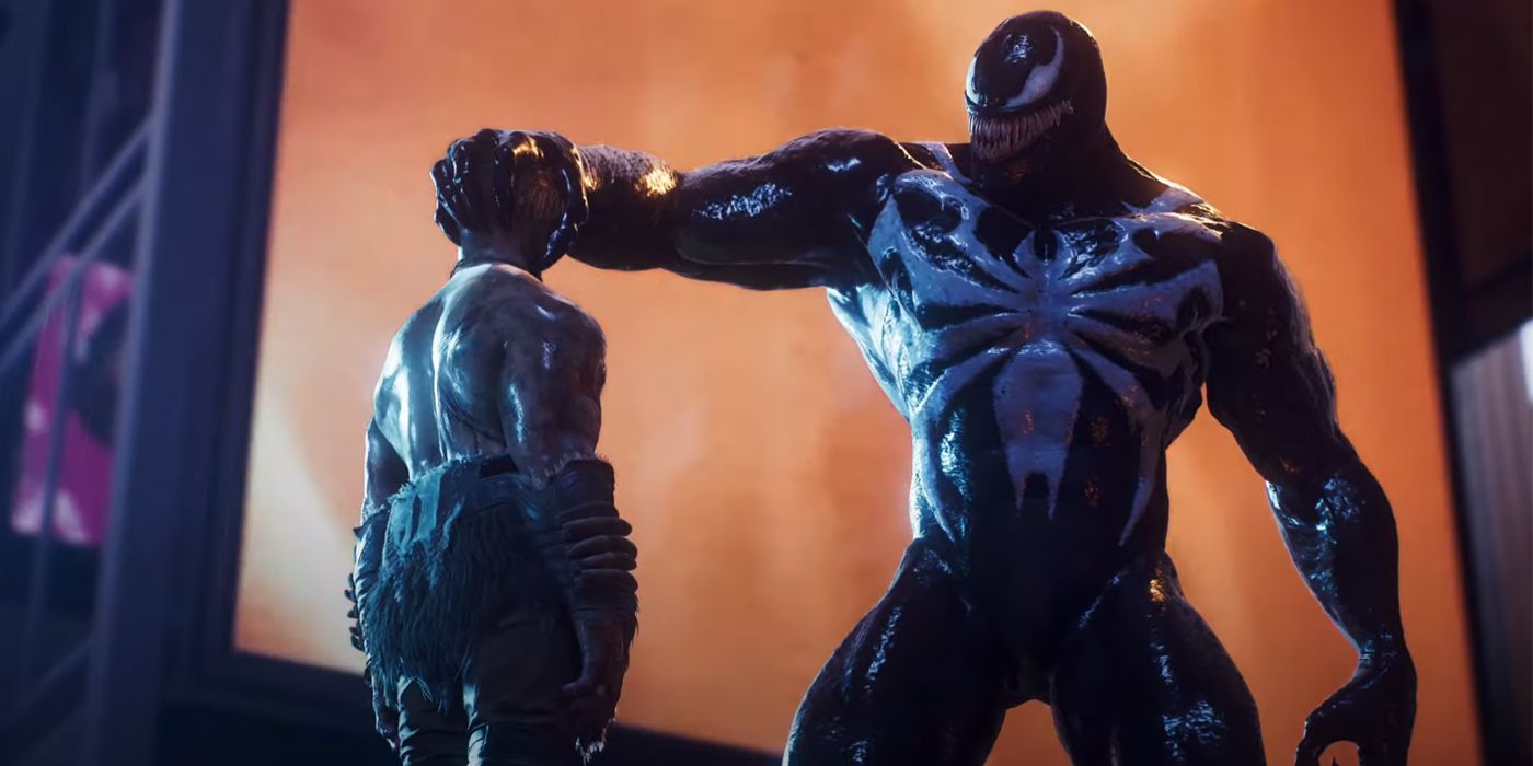 Venom sostiene a un Kraven derrotado por la cabeza en Times Square en Marvel's Spider-Man 2