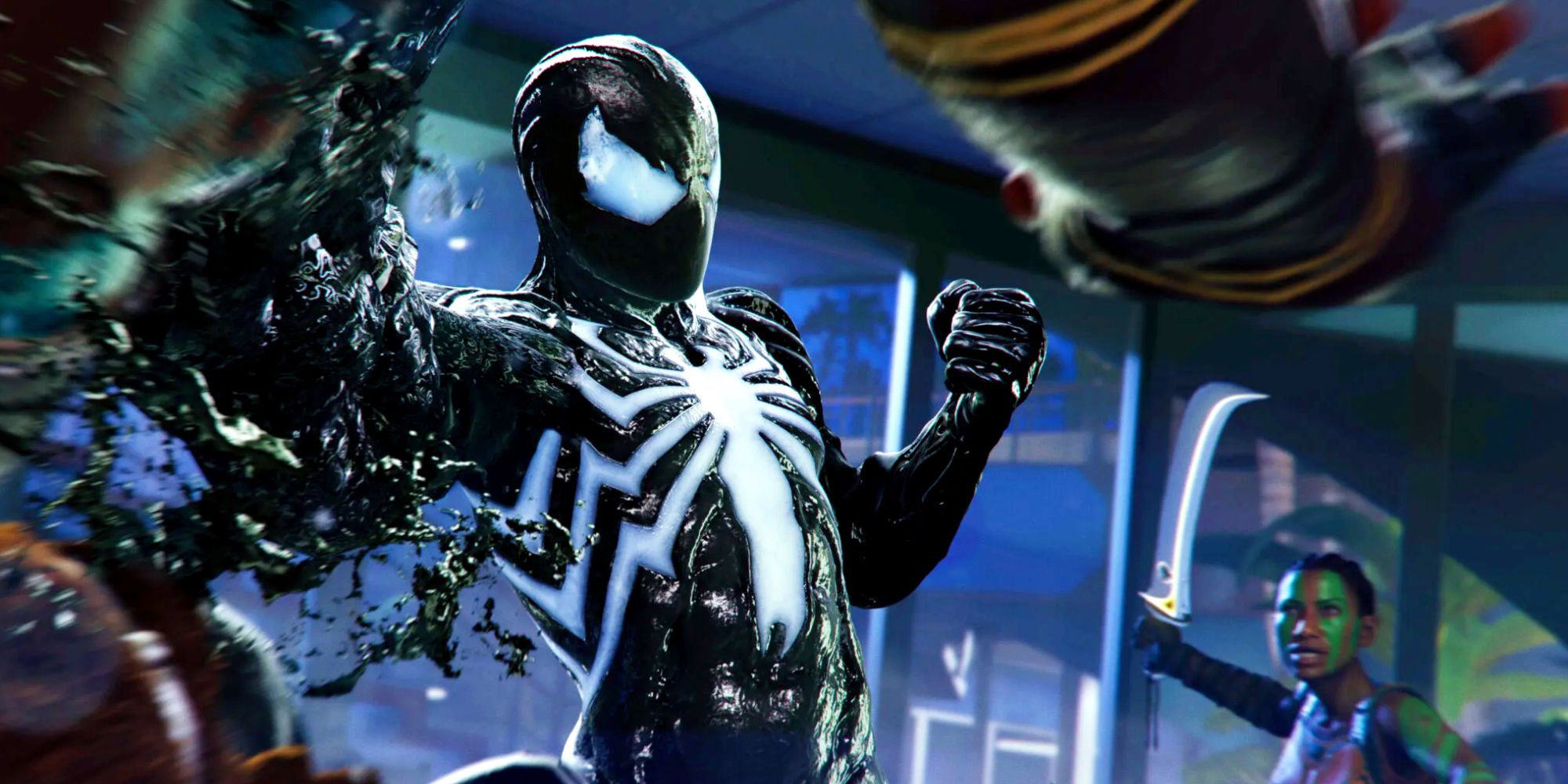 Peter Parker in the black and white symbiote suit punching an enemy. In the background is another foe running toward Spider-Man with a sword drawn.
