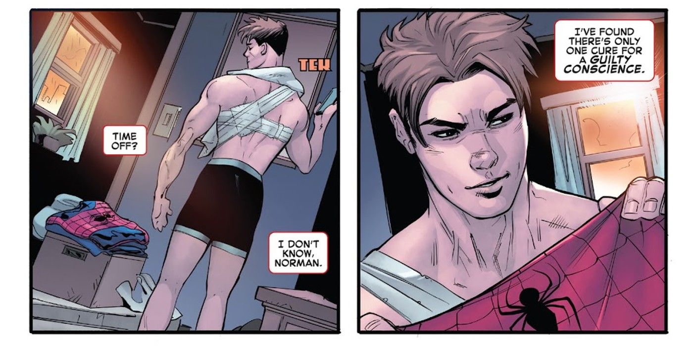 Amazing Spider-Man #35, Peter Parker está com a consciência pesada após suas ações sob a influência dos pecados do Duende Verde