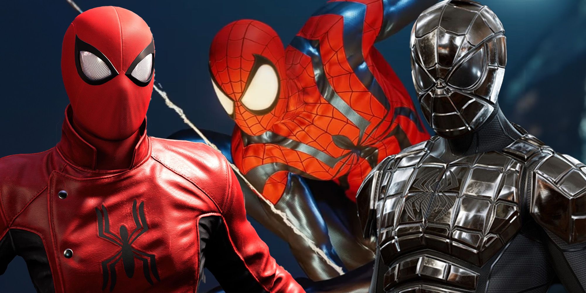Spider-Man's Last Stand and Spider-Armor suits from Marvel's Spider-Man with the Sensational Spider-Man Ben Reilly mod suit behind them
