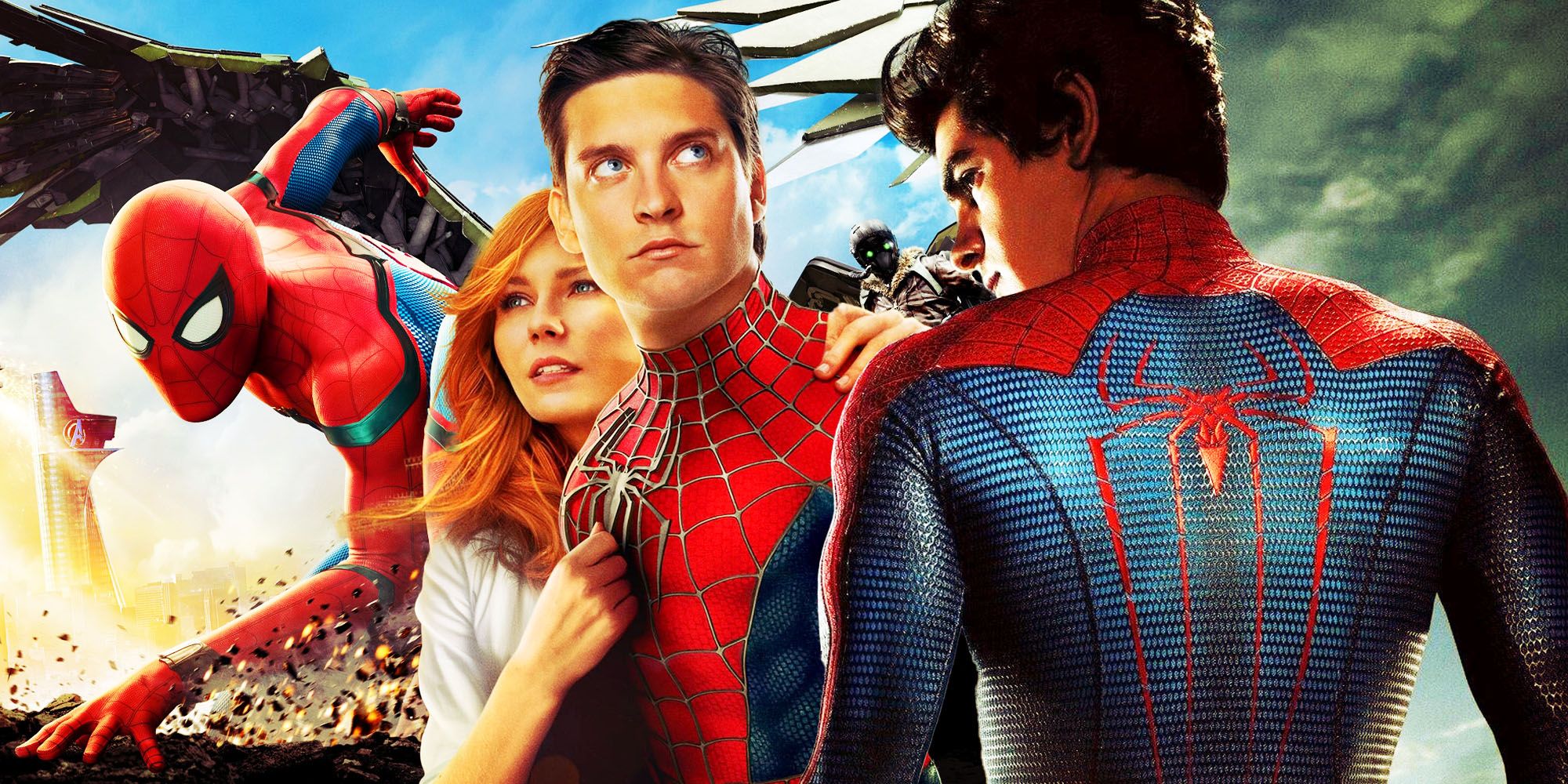 Image of Tom Holland's Spider-Man leaning forward, Tobey Maguire's Spider-Man with Kirsten Dunst's MJ, and back of Andrew Garfield's Spider-Man suit