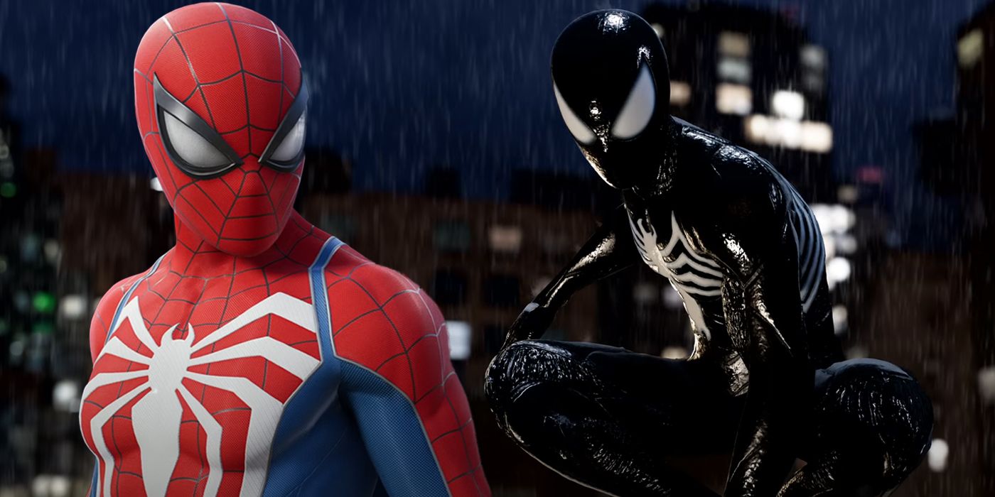 Spider-Man in his red and blue suit in the foreground, with the Black suited Spider-Man perched in the rain behind him