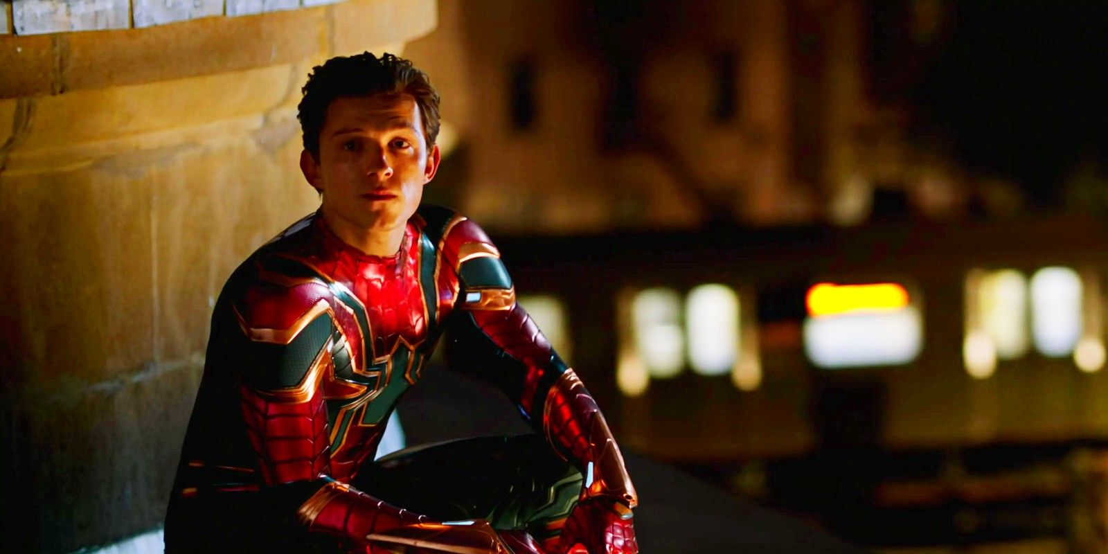 Spider-Man sitting on a ledge in Far From Home