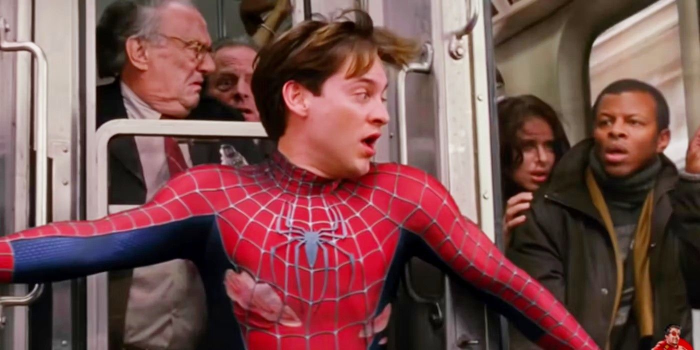 Spider-Man stopping a train in Spider-Man 2