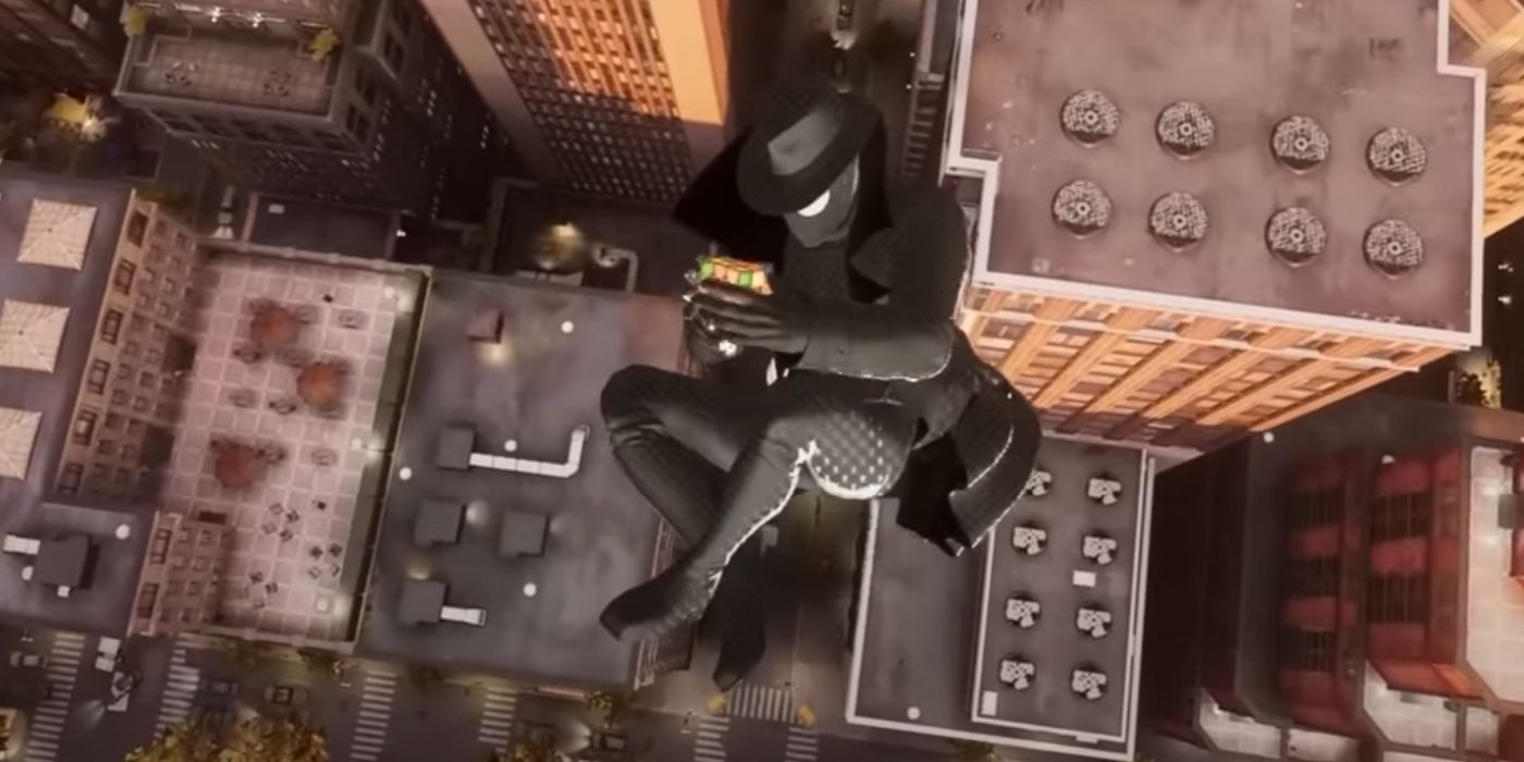 Spider-Noir solves a Rubix cube while falling in Marvel's Spider-Man 2