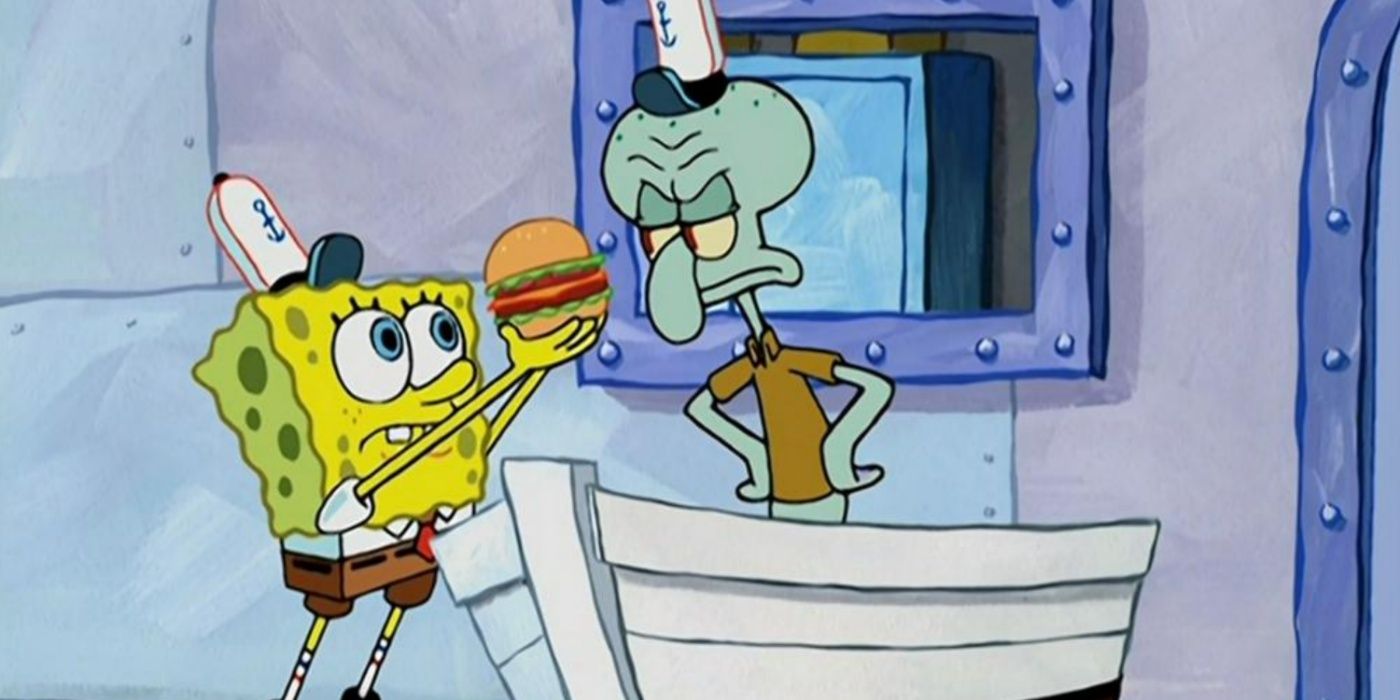 SpongeBob giving Squidward a Krabby Patty in SpongeBob SquarePants