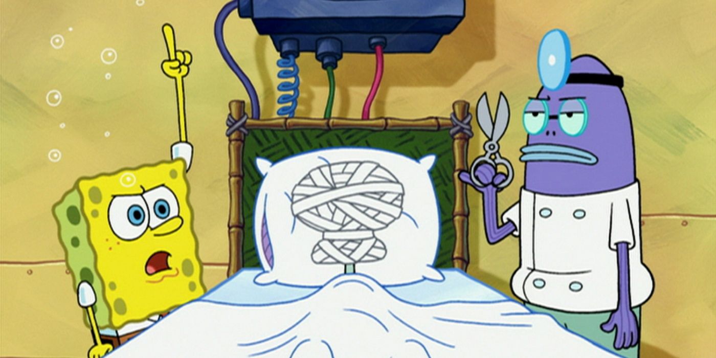 Squidward in the hospital wrapped in bandages in SpongeBob SquarePants