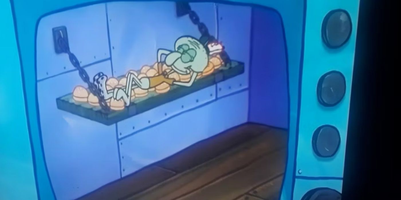 Squidward sleeping in a cell.