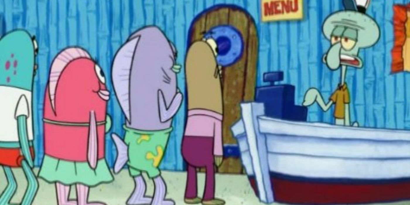 Squidward with a line of customers.