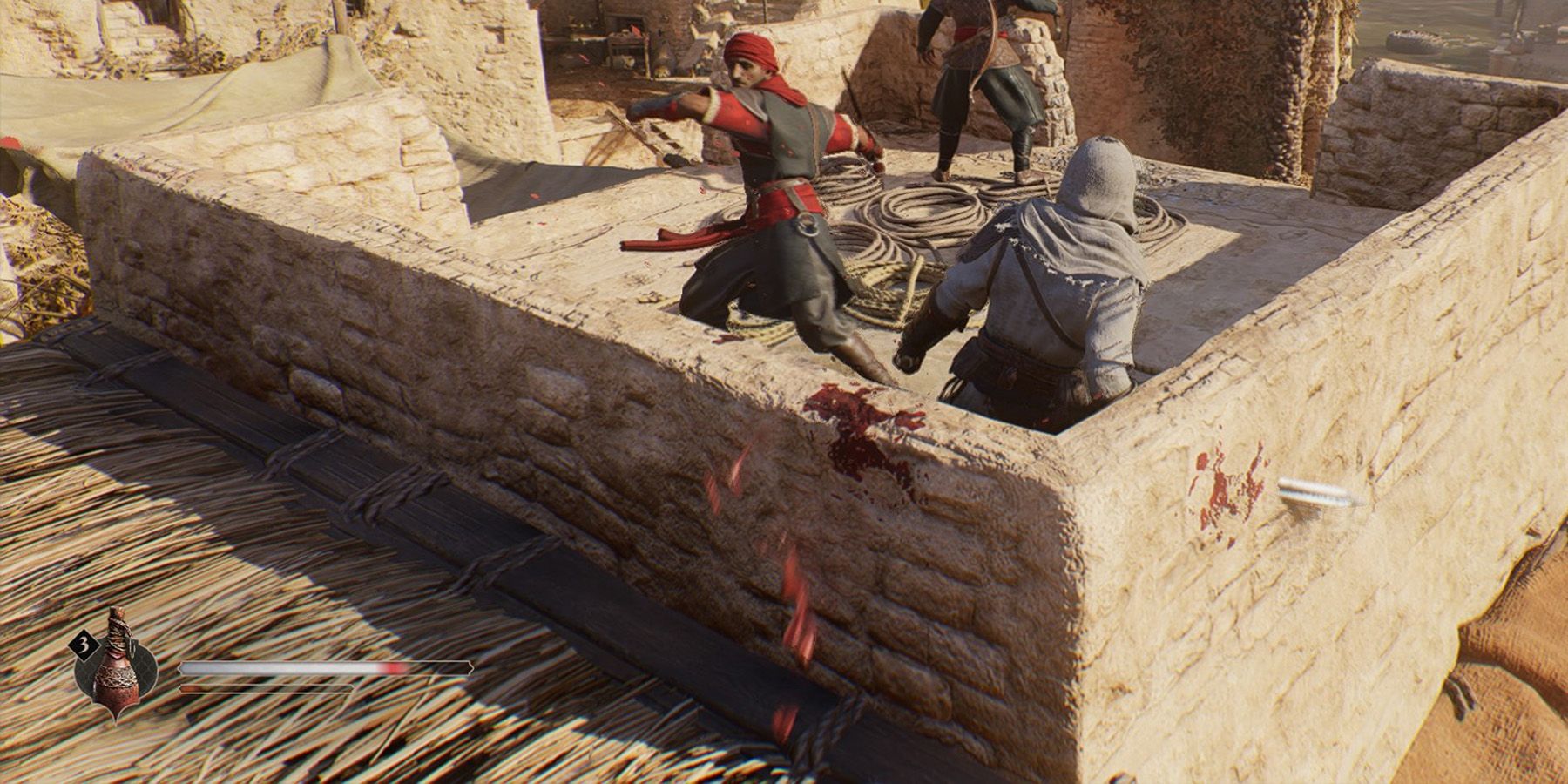 Basim fighting with a depleted stamina bar in Assassin's Creed Mirage.