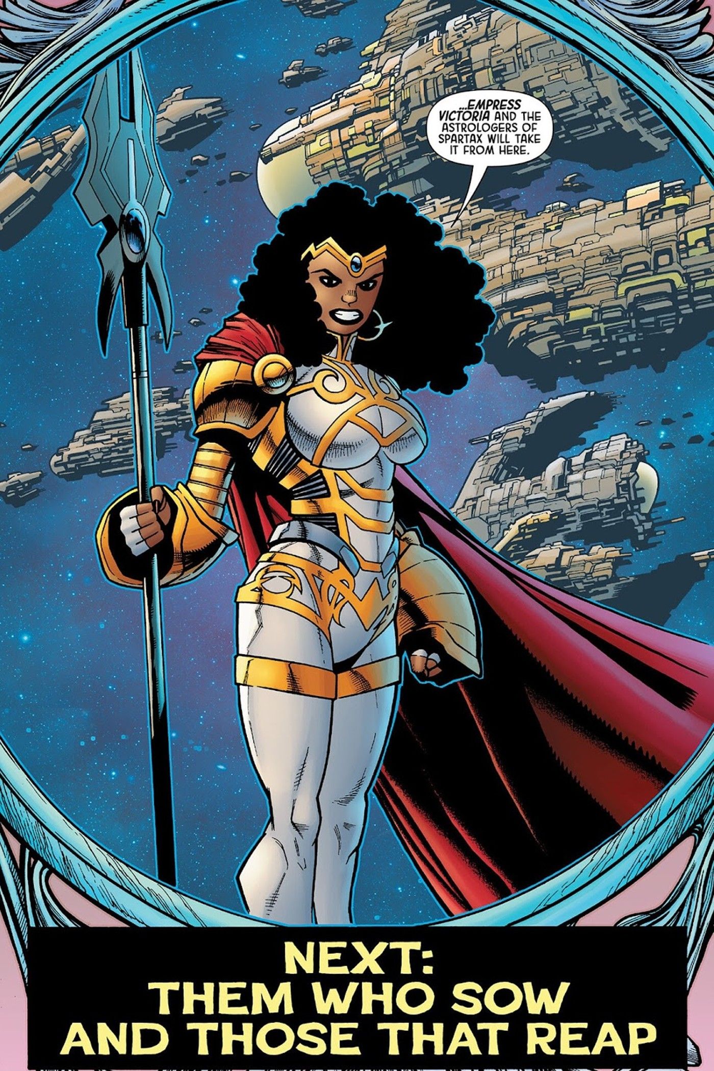 closing panel from Guardians of the Galaxy #7, Star-Lord’s sister Empress Victoria hunts the Guardians of the Galaxy