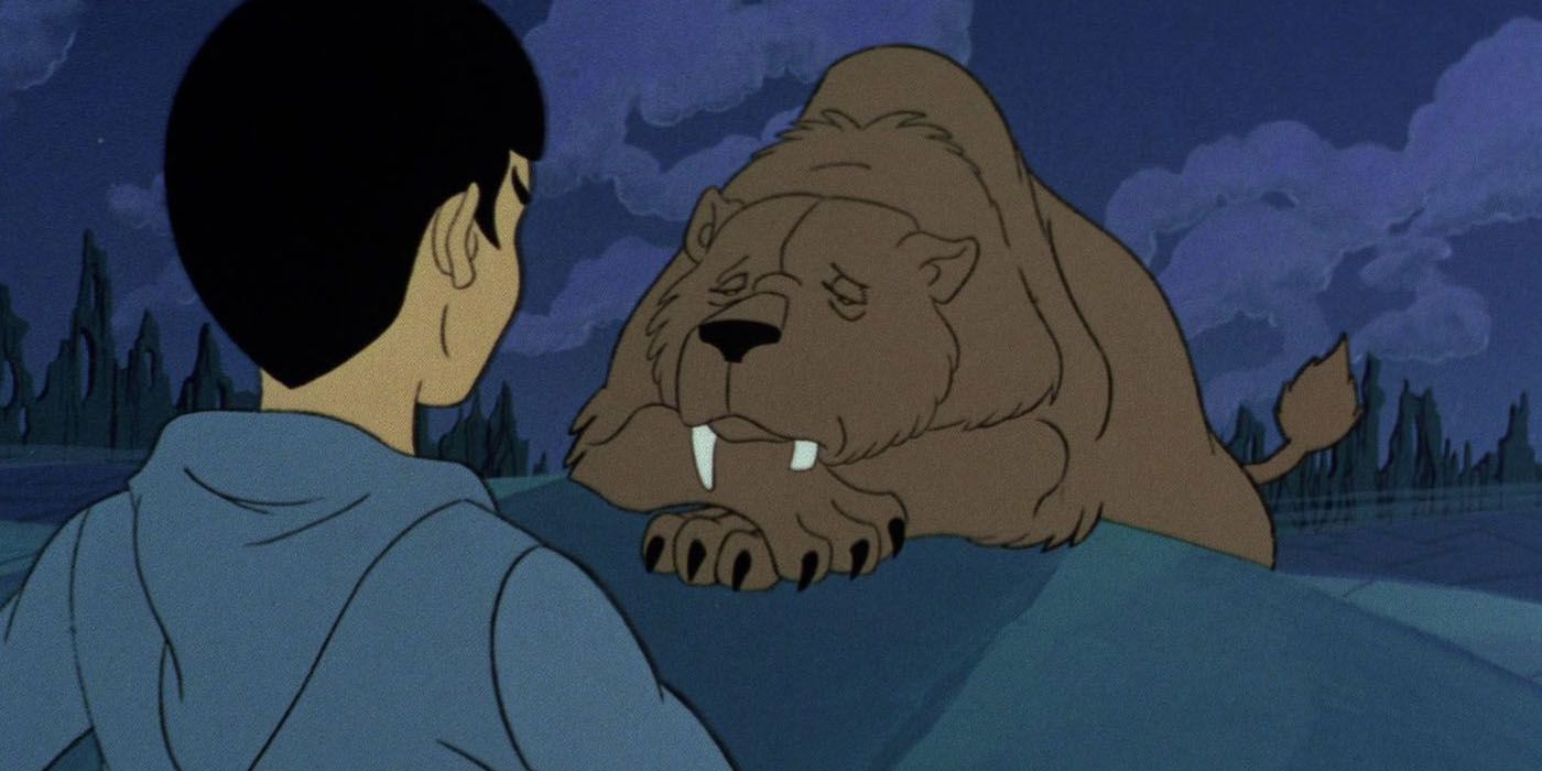 Le jeune Spock fait face à son sehlat de compagnie, I-Chaya, dans Star Trek : la série animée