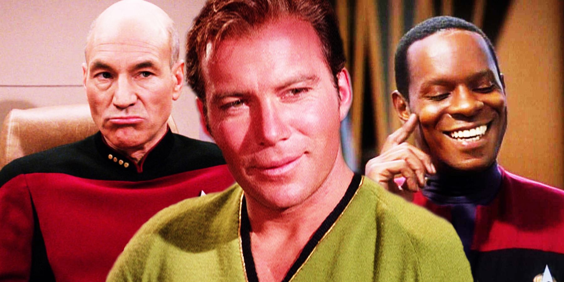 Captain Picard looks disappointed while Captain Kirk looks at a smiling Sisko, approvingly