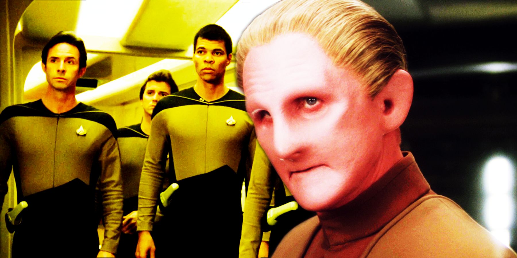 Odo looks sternly at two Starfleet Security officers