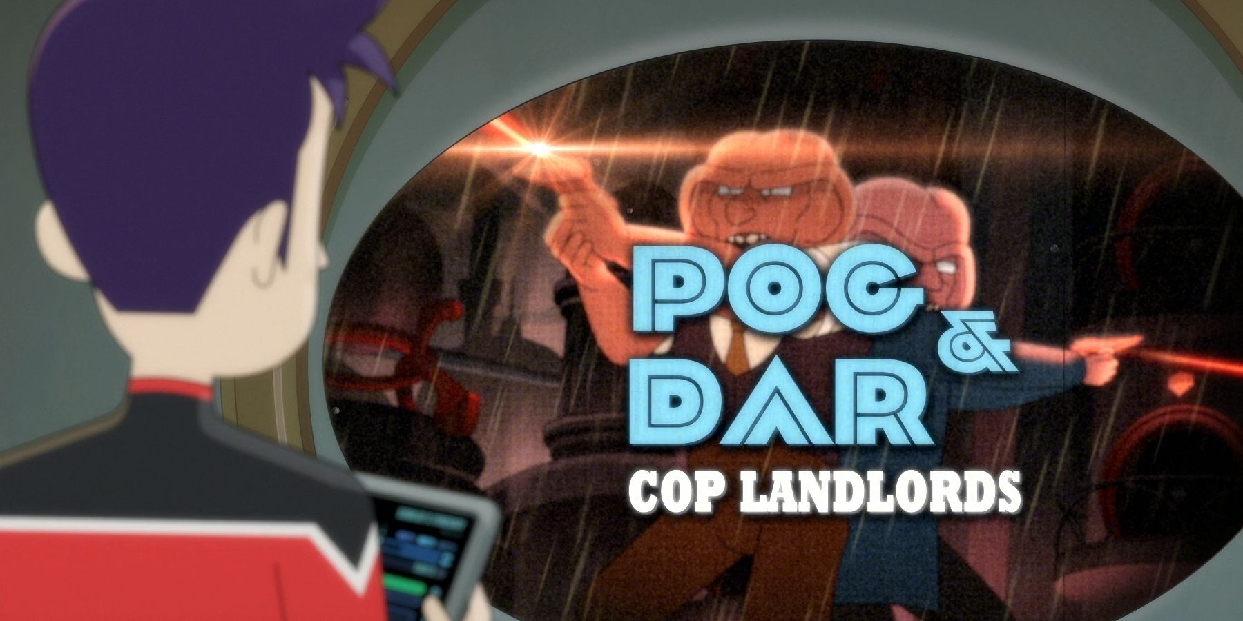 Boimler watches a cop show on TV called Poc &amp; Dar Cop Landlords