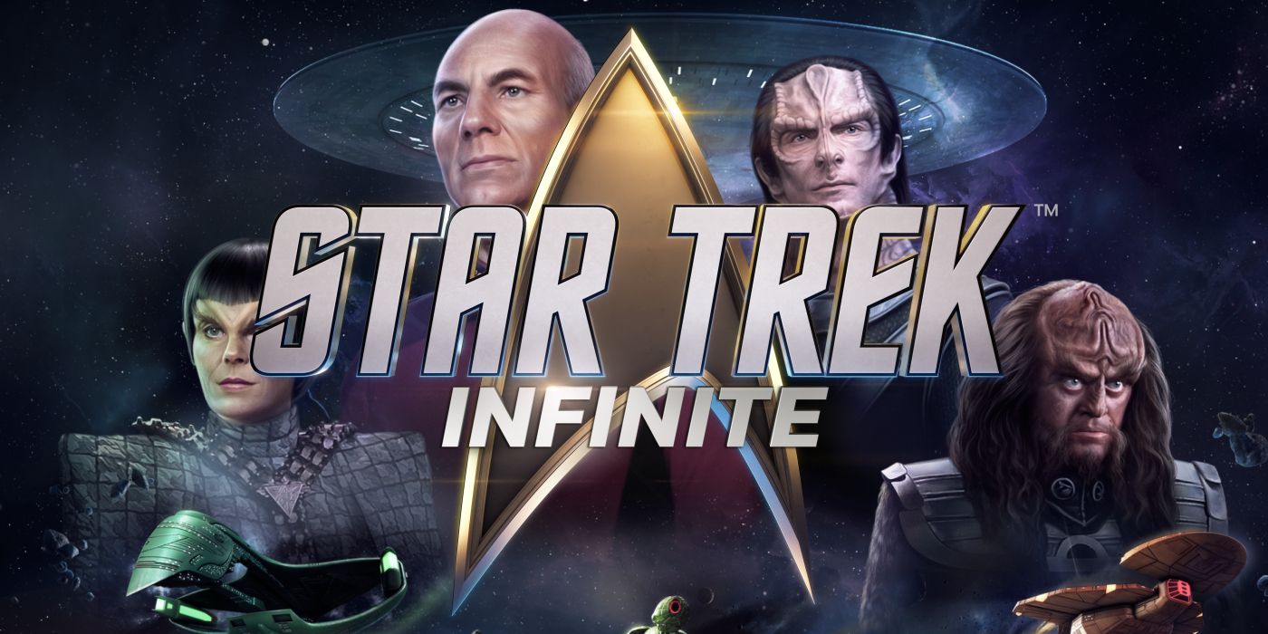 Toreth, Picard, and Gowron are flanked by the Enterprise in key art from Star Trek: Infinite. Superimposed over them is the game's logo, a gold delta insignia with the title on top of it.