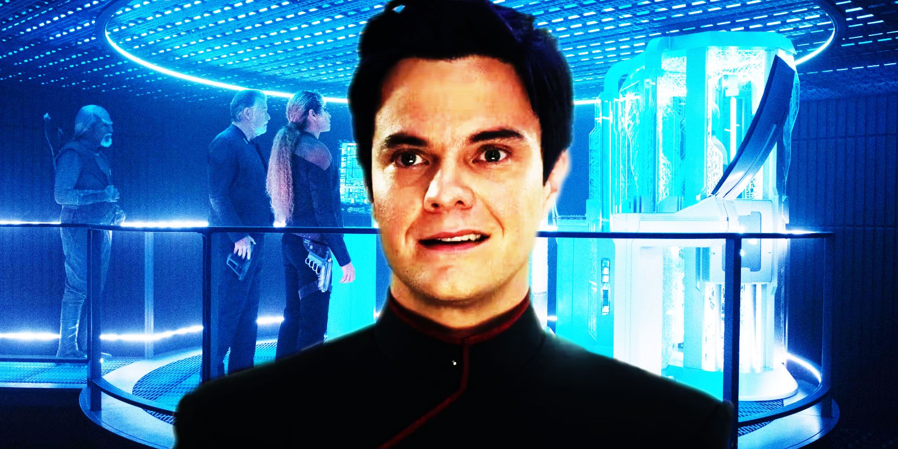 Boimler stands in front of an image of three people looking at the disassembled Data